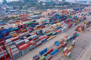 Sihanoukville, Cambodia - March 15, 2020: Ariel view of container terminal of Sihanoukville Autonomous Port.