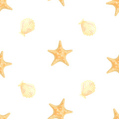 Starfish and yellow shells on a white background. Seamless pattern. Vector illustration made in watercolor style.