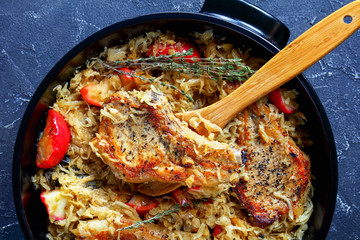 Pork Chops with Sauerkraut and Apples, closeup