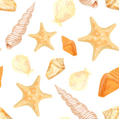 Fototapeta na wymiar Starfish and shells on a white background. Seamless pattern. Vector illustration made in watercolor style.
