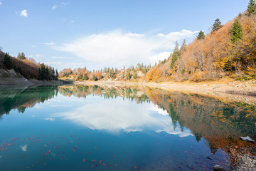 Naklejka premium Green lake (mtsvanetba) in autumn. Adjara, Georgia.
