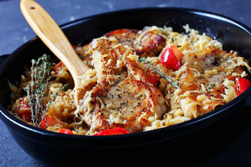 close-up of juicy stewed pork rib chops