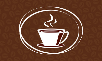 Cup of coffee on a background of coffee beans pattern, clip art style, vector illustration.