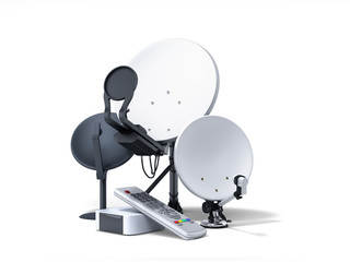 satellite tv or internet concept different size satellite dishes 3d render on white