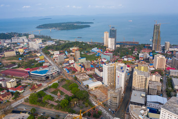 Sihanoukville, Cambodia - March 15, 2020: Ariel view of container terminal of Sihanoukville...