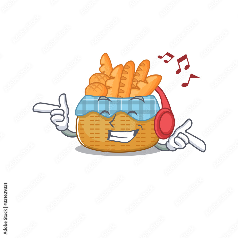 Poster enjoying music bread basket cartoon mascot design