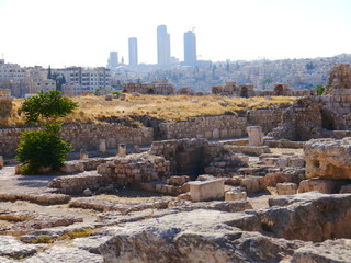 panoramic view with ruin of Byzantine church on top Citadel Hill and skyline of Amman in the back, kingdom Jordan, Middle East
