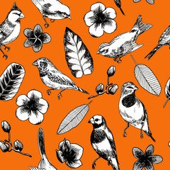 Seamless pattern with birds and flowers
