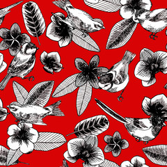 Seamless pattern with birds and flowers