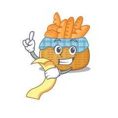 cartoon character of bread basket holding menu ready to serve