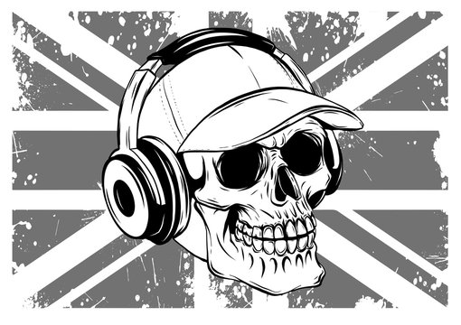 skull with headphones listening to music drawing