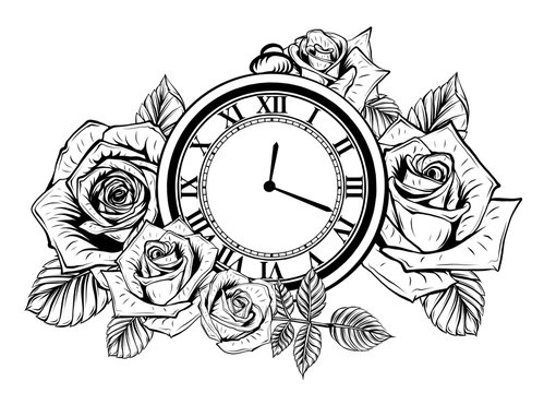Composition with flower and pocket watch on chain. Vector illustration for tattoo.