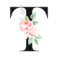 Letter t, monogram wedding with watercolor flowers roses arrangement. Letterhead perfectly for personalization design. Floral alphabet hand painting. Isolated on white.