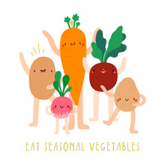Eat Seasonal Vegetables - cute vector illustration. Cartoon Vegetables characters - Potato, Carrot, Beet, Radish. Smiley happy food background.