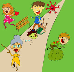 Fototapeta na wymiar Vector illustrated people running from coronavirus. Accident during escaping from a virus. Cartoon men and women panicking in the park.