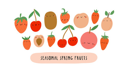 Vector illustration with Seasonal Spring Fruits on a white background. Smiley cartoon food characters - Strawberry, Kiwi, Cherry, Peach, Grapefruit. Healthy vegetables banner.