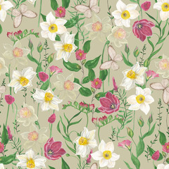 Watercolor painting seamless pattern with spring flowers on pastel background