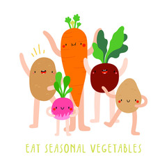 Eat Seasonal Vegetables - cute vector illustration. Cartoon Vegetables characters - Potato, Carrot, Beet, Radish. Smiley happy food background.