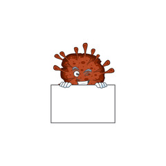 Cheerful infection coronavirus cartoon character has a board