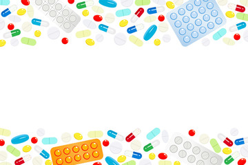 Background with a horizontal border of medicines and vitamins. Design template for medical center, pharmacy, hospital. Vector. Concept of medicine, health, health care, health service, medical service