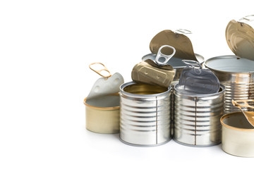 A lot of uncovered metal tin cans isolated on a white background