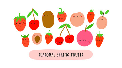 Vector illustration with Seasonal Spring Fruits on a white background. Smiley cartoon food characters - Strawberry, Kiwi, Cherry, Peach, Grapefruit. Healthy vegetables banner.