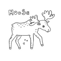 Doodle illustration. Elk moose. Cute forest animals