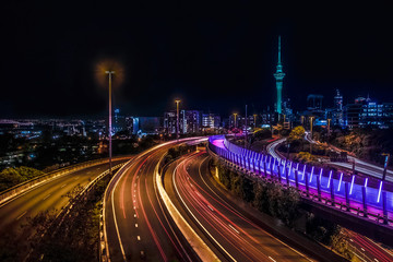 Fototapeta na wymiar Auckland Skytower at night with light trails