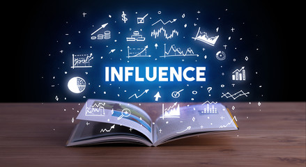 INFLUENCE inscription coming out from an open book, business concept