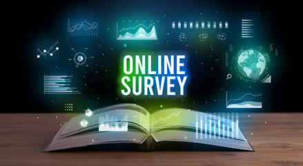 ONLINE SURVEY inscription coming out from an open book, creative business concept