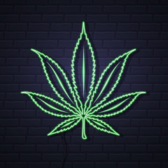 Neon Cannabis leaf sign on brick wall background. Helm icon design. Business logo design