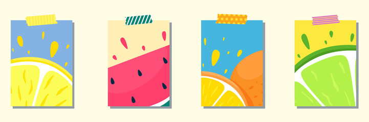 Vector set of bright summer cards with fruits. Magazine cards. Beautiful summer posters with watermelon, lemons,lime, orange . Deco card with place for text