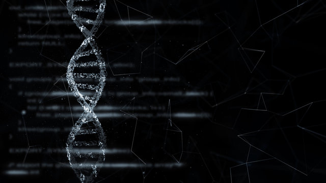 Blurry technology word on computer screen with dna structure. Copy space illustration background.	