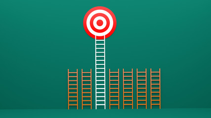Longest light ladder glowing and aiming high to goal target among other short ladders on green background with shadows . 3D rendering.Stand out from the crowd and think different creative idea concept © anon