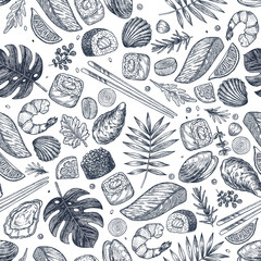 Seafood various seamless pattern. Sushi, shrimp, mussel, oyster, salmon, seashell, herbs, carp, sardine, monstera. Vector illustration