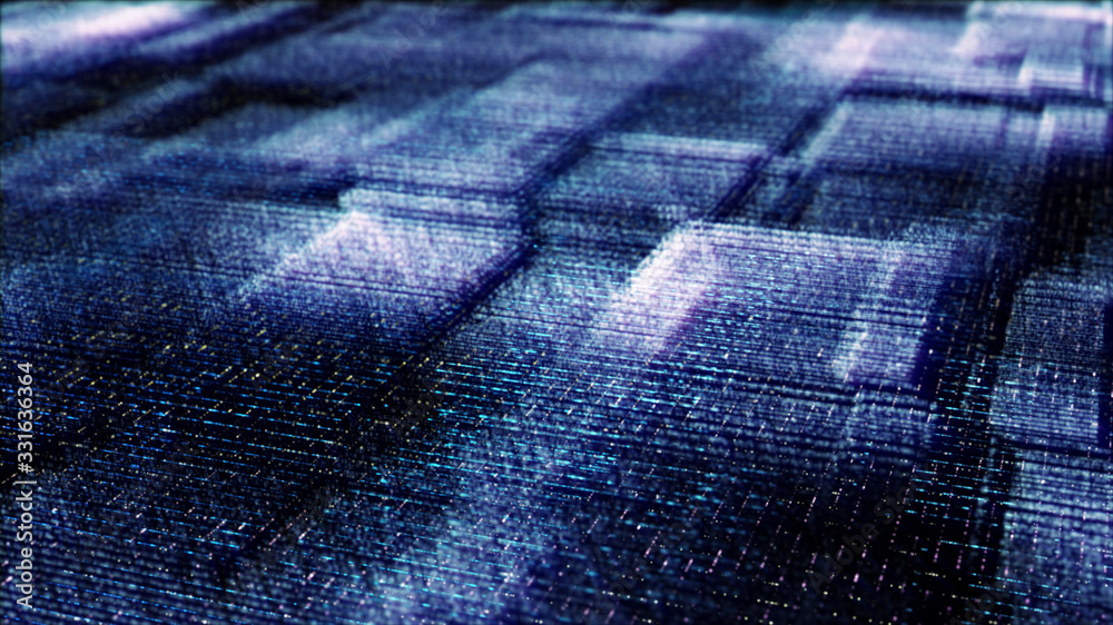 Poster Futuristic digital generated image abstract matrix particles de-focus grid in cyber space digital background environment