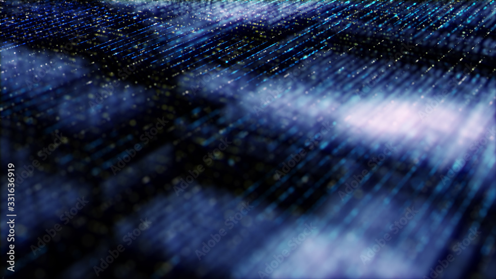 Poster Futuristic digital generated image abstract matrix particles de-focus grid in cyber space digital background environment