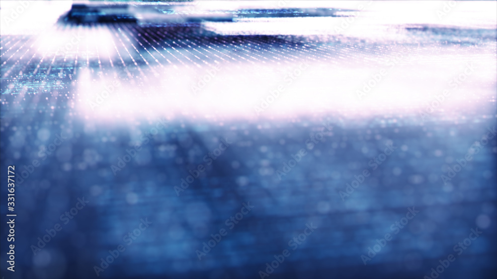 Poster Futuristic digital generated image abstract matrix particles de-focus grid in cyber space digital background environment