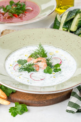 National dishes okroshka on kefir closeup side view