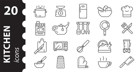 Set of kitchen icons. Linear style. Flat design. Frying pan, chefs hat, chopping Board and kitchen utensils.