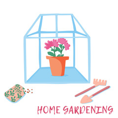 Greenhouse for home or urban gardening hobby. Glasshouse with the pots of greenery and flowers. Vector concept