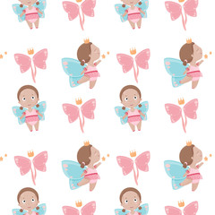 Little cute girl with butterfly wings and crown dancing and smiling