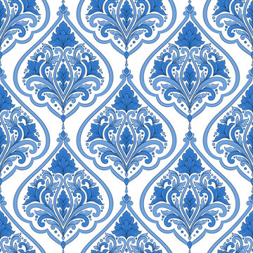 Blue and white damask seamless pattern. Vintage, paisley elements. Traditional, Turkish motifs. Great for fabric and textile, wallpaper, packaging or any desired idea.