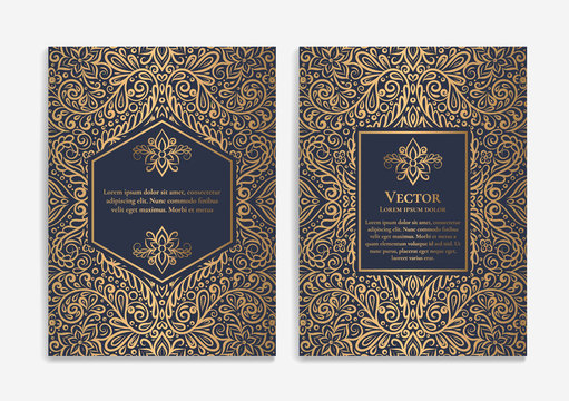 Dark blue and gold luxury invitation card design. Vintage ornament template. Can be used for background and wallpaper. Elegant and classic vector elements great for decoration.