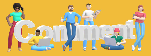 Fototapeta premium Word comment on yellow background. Group of young multicultural successful people with laptop, tablet, phone. Horizontal banner cartoon character and website slogan. 3D rendering.