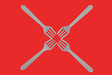 four plastic white forks on a red background. isolate. Top view.