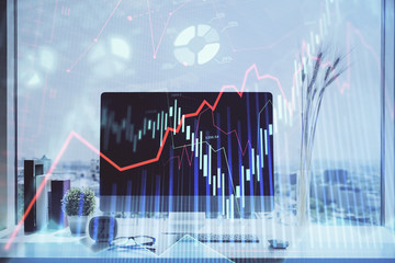 Forex Chart hologram on table with computer background. Double exposure. Concept of financial markets.