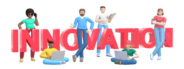Group of young multiethnic successful people with laptop, tablet, phone and word innovation on white background. Horizontal banner cartoon character and text website slogan. 3D rendering.