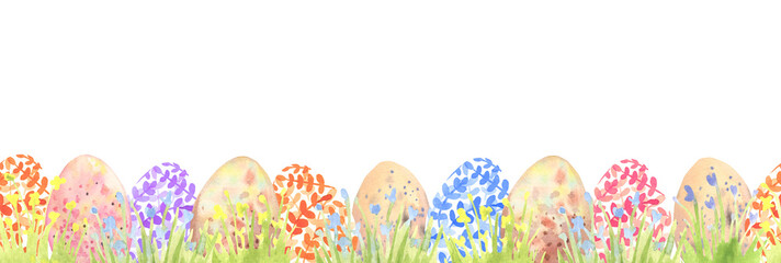 Watercolor hand drawn seamless border with flowers, Easter eggs.  Seamless flower frame. Easter invitation. 