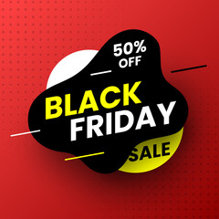 Black friday sale banner on red background, 50% off. Vector illustration.